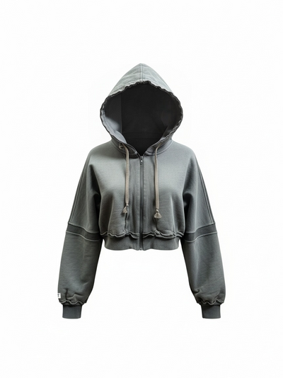 Oversized Crop Zip Hoodie - Washed Drift